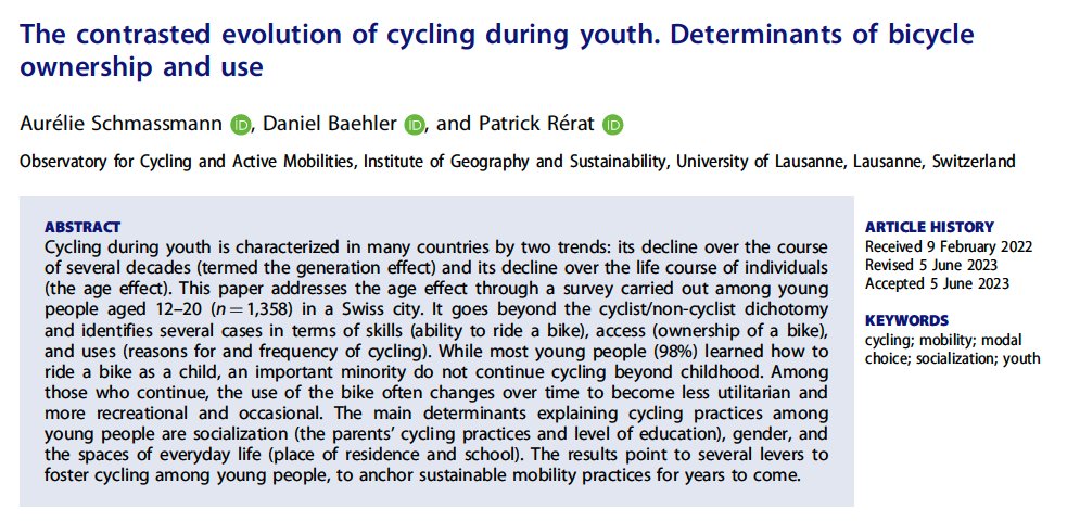 Patrick Rérat (@patrickrerat) on Twitter photo 📢New paper! The contrasted evolution of cycling during youth 🚴♀️🚴♂️
Open access, International Journal of Sustainable Transportation, with <a href="/AurelieSchmass_/">Aurélie Schmassmann</a> & D Baehler #OUVEMA
#Cycling declines as young people grow up but why? A 🧶 1/4 📢New paper! The contrasted evolution of cycling during youth 🚴♀️🚴♂️
Open access, International Journal of Sustainable Transportation, with <a href="/AurelieSchmass_/">Aurélie Schmassmann</a> & D Baehler #OUVEMA
#Cycling declines as young people grow up but why? A 🧶 1/4