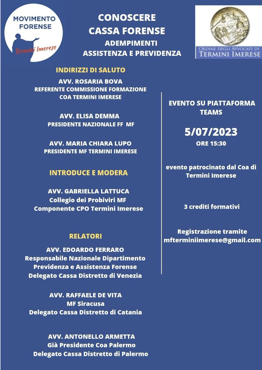 Movimento Forense #webinar #TerminiImerese  il 5/7 ore 15:30 “CONOSCERE CASSA FORENSE. ADEMPIMENTI ASSISTENZA E PREVIDENZA” <a href="/alalumia/">Nino La Lumia</a> <a href="/MCesali/">Massimiliano Cesali</a> <a href="/radiotribunale/">RadioTribunale</a>