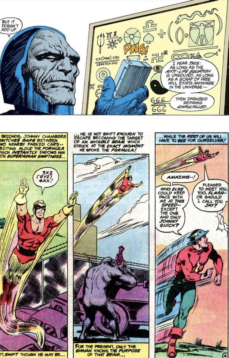 Earth1Earth2DC's tweet photo. The #AntiLifeEquation which #Darkseid pursued within the #DCComics universe mentally manipulate the minds of others. Something similar was used by #GorillaGrodd on #JohnnyQuick, the hero who gained superspeed like #TheFlash from another mathematic formula. https://t.co/PhqpqDqwTm https://t.co/Pbp2kf6poz