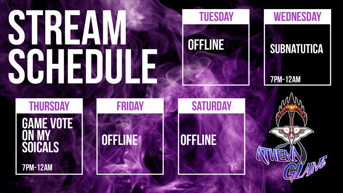 Stream schedule for this week! 
#twitch #twitchstreamers #twitchstreams #twitchgirl #twitchstream #twitchgamer #twitchstreaming #twitchschedule #twitchstreamer #twitchgaming #twitchcommunity #twitchtv #twitchtvgaming  #twitchtvstreamer #twitchclip #twitchlive #streamingtwitch