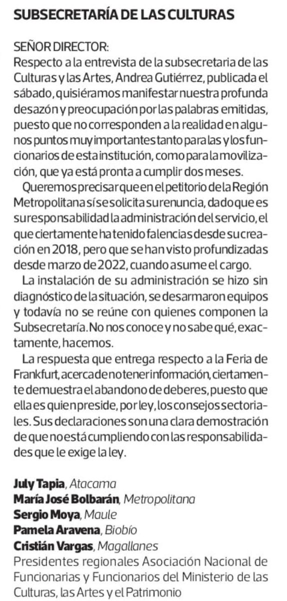 oscar_contardo's tweet photo. Respuesta de los los presidentes regionales de la Asociación de Funcionarios y Funcionarias del ministerio de las culturas a la entrevista de la subsecretaria ⁦@AGutierrezVas⁩ publicada hoy en ⁦@latercera⁩ 👇🏾👇🏾 https://t.co/3LrIcpkaZT