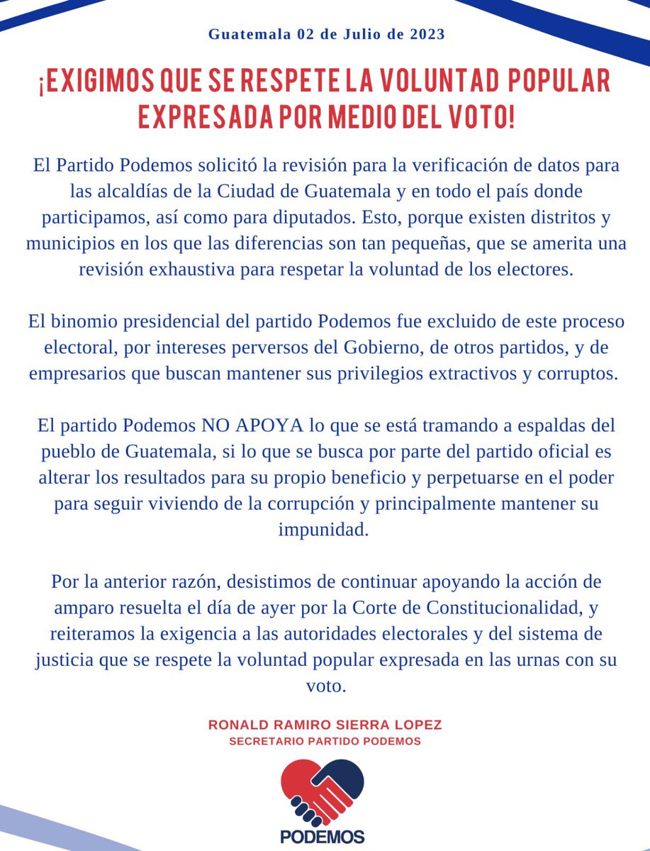 Postura de los partidos que  supuestamente apoyaban el Amparo la CC.
📍Partidos que DESISTEN del amparo:
         ✅VOS.
📍PODEMOS pide que se respete la voluntad del pueblo.
📍CABAL se desmarca del Comunicado donde supuestamente partidos apoyaban las acciones promovidas; de los