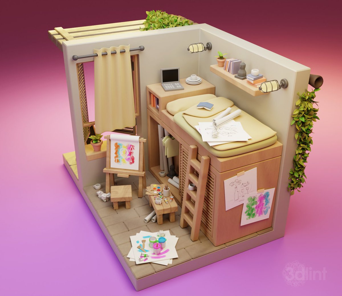 3dlint's tweet photo. Mini Art Studio 🎨
Made for the weekly challenge at @polygonrunway - Blender/Cycles/Krita ❤️
#prb3d #3d #3dmodeling #3dmodel #blender #blender3d #b3d #isometric #minimalistic #lowpoly #lowpolyart #stylized #gameart #cozy #cozyart #artstudio #tinyapartment #3dprops https://t.co/IhKNUIXt0x