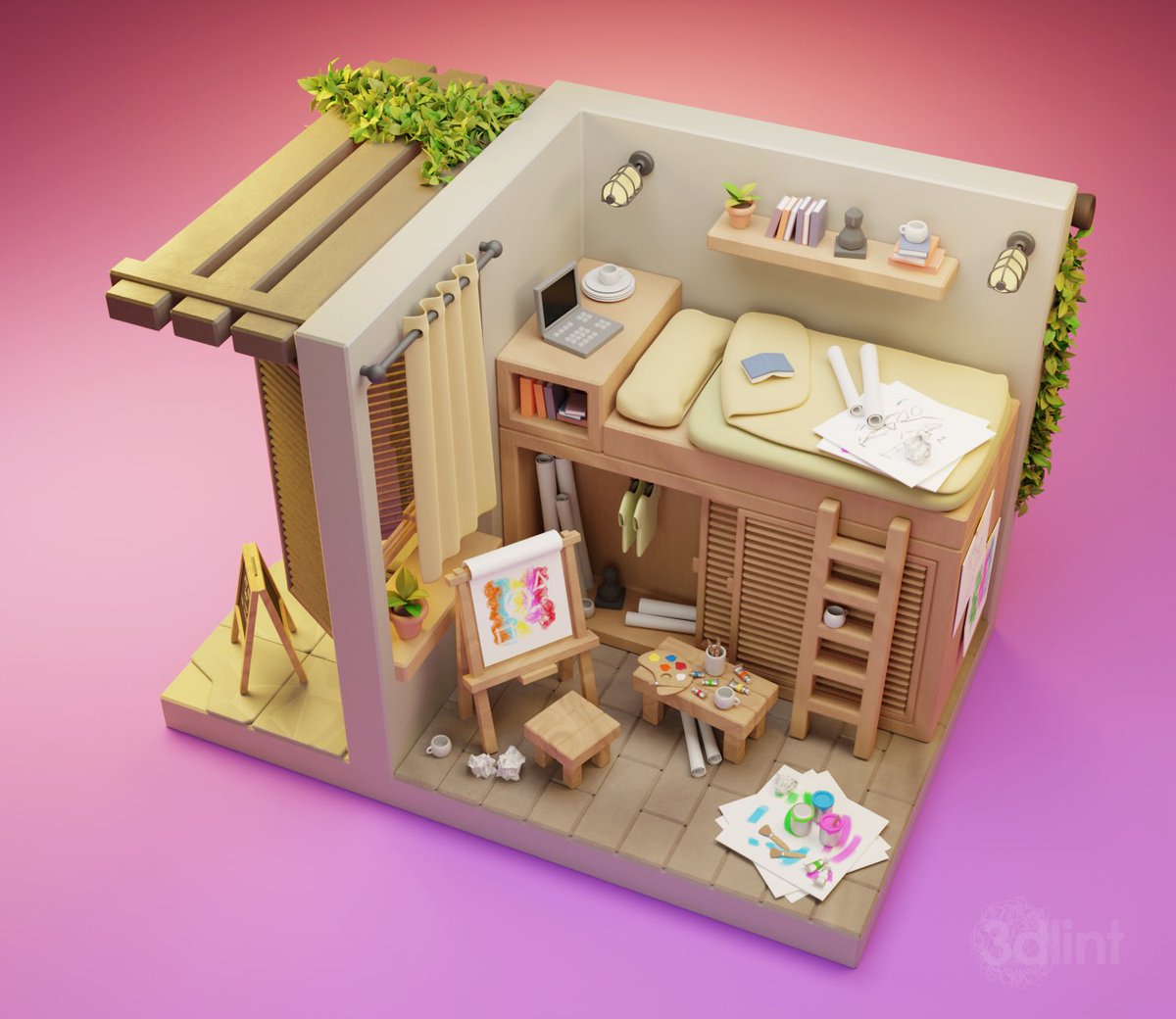 3dlint's tweet photo. Mini Art Studio 🎨
Made for the weekly challenge at @polygonrunway - Blender/Cycles/Krita ❤️
#prb3d #3d #3dmodeling #3dmodel #blender #blender3d #b3d #isometric #minimalistic #lowpoly #lowpolyart #stylized #gameart #cozy #cozyart #artstudio #tinyapartment #3dprops https://t.co/IhKNUIXt0x