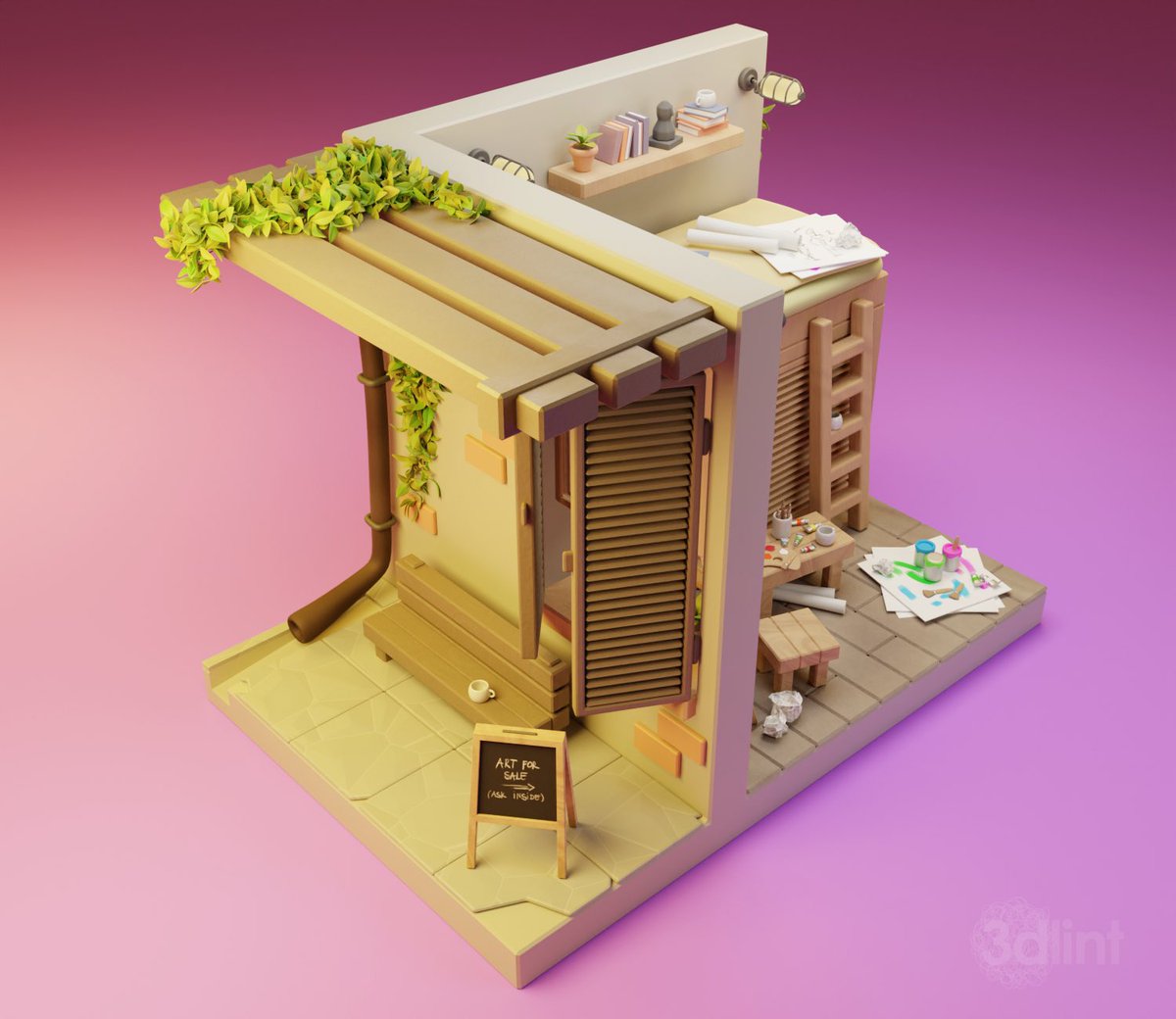 3dlint's tweet photo. Mini Art Studio 🎨
Made for the weekly challenge at @polygonrunway - Blender/Cycles/Krita ❤️
#prb3d #3d #3dmodeling #3dmodel #blender #blender3d #b3d #isometric #minimalistic #lowpoly #lowpolyart #stylized #gameart #cozy #cozyart #artstudio #tinyapartment #3dprops https://t.co/IhKNUIXt0x