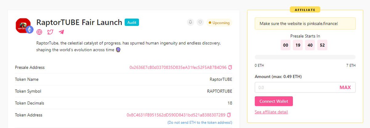 xpepe_erc20's tweet photo. 🦖 RaptorTUBE Fairlaunch Information ✅

RaptorTube: Celestial catalyst of progress, shaping our world's evolution 

https://t.co/qC78Y6pz5i

📌Launchpad: Pinksale
📌Time: 2 PM UTC, July 3 - 5 PM UTC, July 3
📌Max contribution: 0.49 ETH
📌Affiliate: 3%

#RaptorTUBE https://t.co/96A22Ymbqk