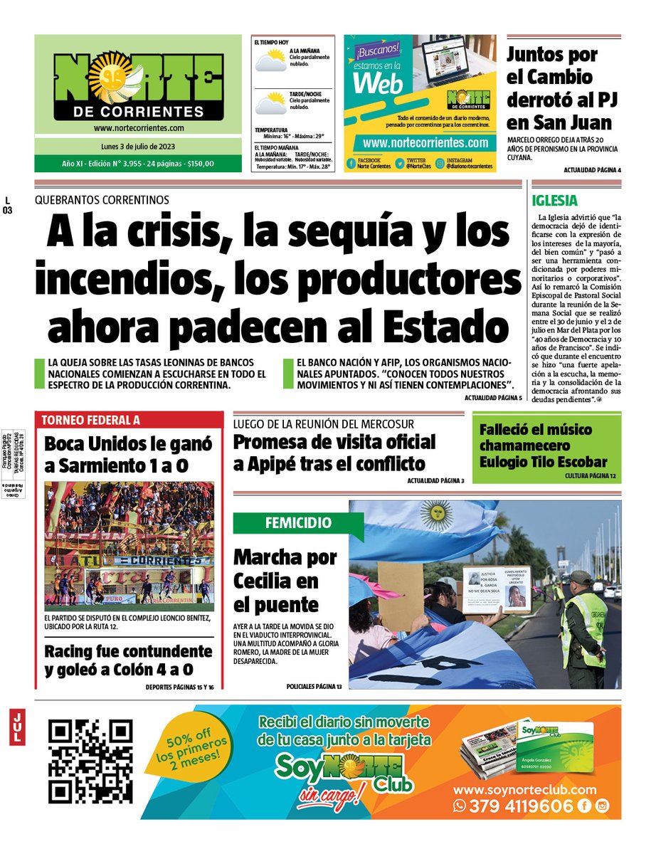 NorteCtes's tweet photo. #BuenLunes #NuestraTapa del #Lunes 3 de julio de 2023 de @NorteCtes @DiarioNorteCom https://t.co/uWlb4HIpT5