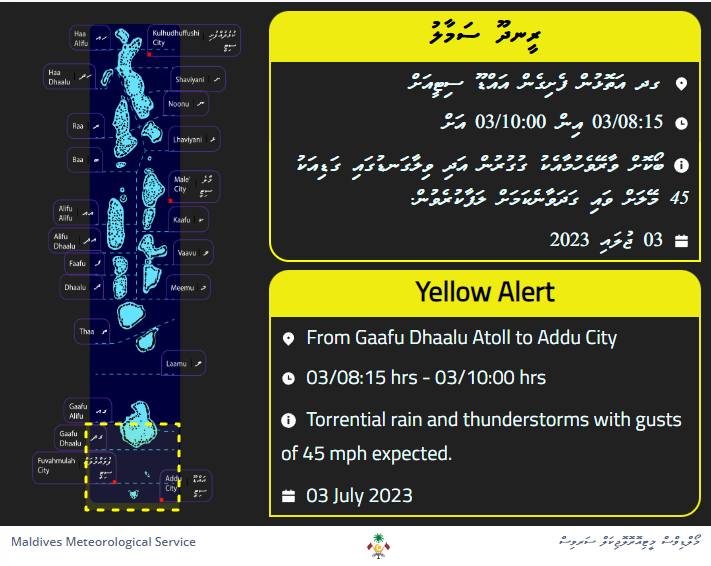 MetMaldives's tweet photo. Yellow Alert for Torrential rain and thunderstorms with gusts. https://t.co/j7mPLojj85