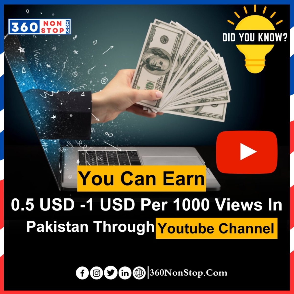 You Can Earn 0.5 USD -1 USD Per 1000 Views In Pakistan  Through Youtube Channel.

#YouTubeEarnings #Monetization #ContentCreation #DigitalIncome #YouTubePakistan #ContentCreators #ViewsandEarnings #OnlineAdRevenue #DigitalOpportunities #ContentMonetization #income #360NonStop