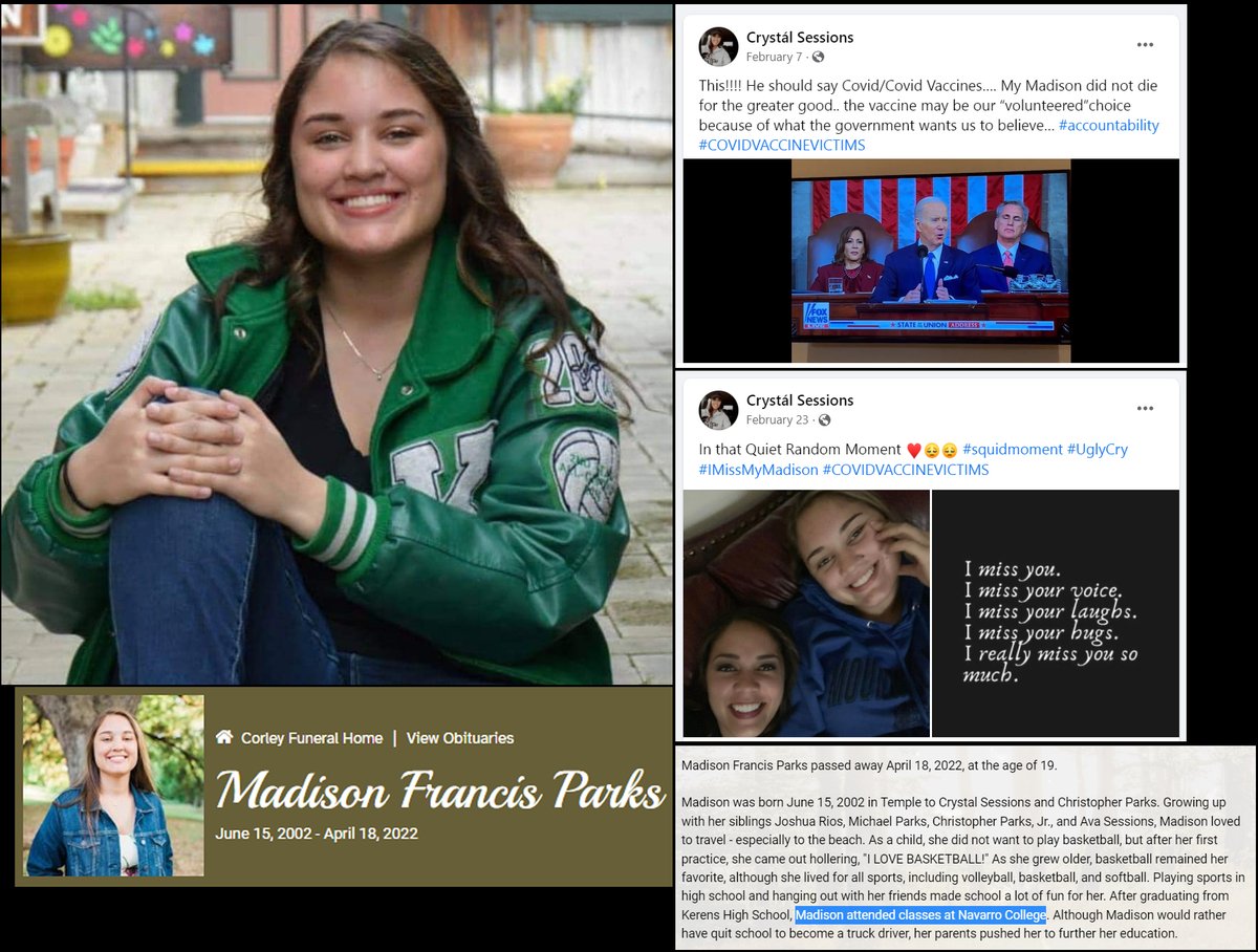 MakisMedicine's tweet photo. Corsicana, TX - 19 yo Madison Francis Parks died suddenly on April 18, 2022.
Her mother (a nurse) suspects COVID-19 vaccines played a role in her death.
Colleges and Universities who mandated COVID-19 vaccines must be held criminally liable for deaths of their students
#DiedSuddenly #cdnpoli #ableg