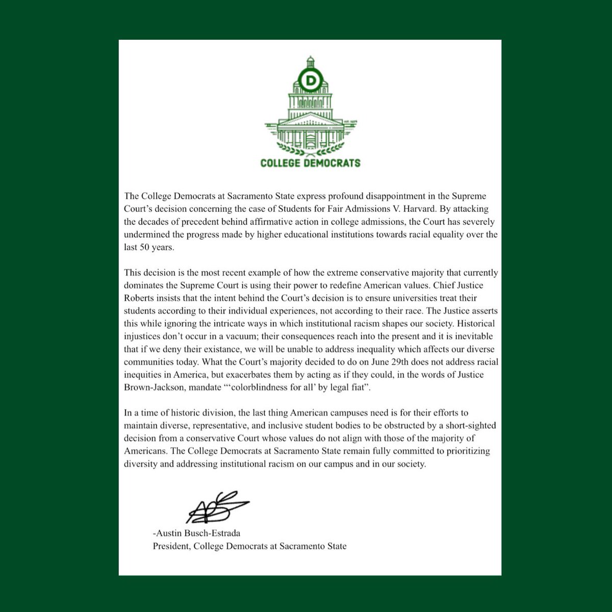 Ignorance benefits no one. Turning a blind eye to cataloged data and record-high diversity is not how our leadership should behave. Please read the below statement regarding the SCOTUS recent decision.