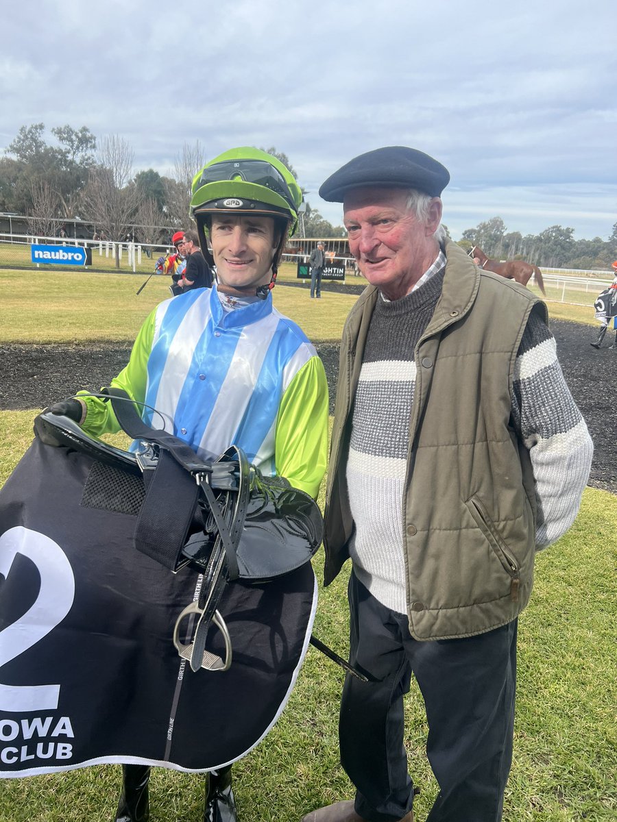 Trainer Geoff Duryea with his wife Maureen and jockey Josh Richards after the eight lengths victory by Wild Irish Rover at Corowa  - one of his final two starters on his last day as a trainer.