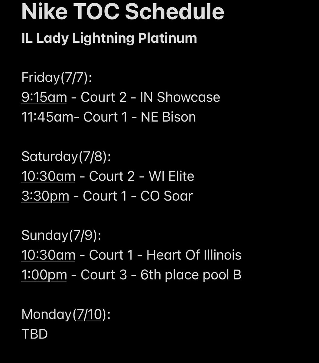 Here is my schedule for Nike TOC with <a href="/LadyLightningIL/">IL Lady Lightning</a>. Excited to be back!