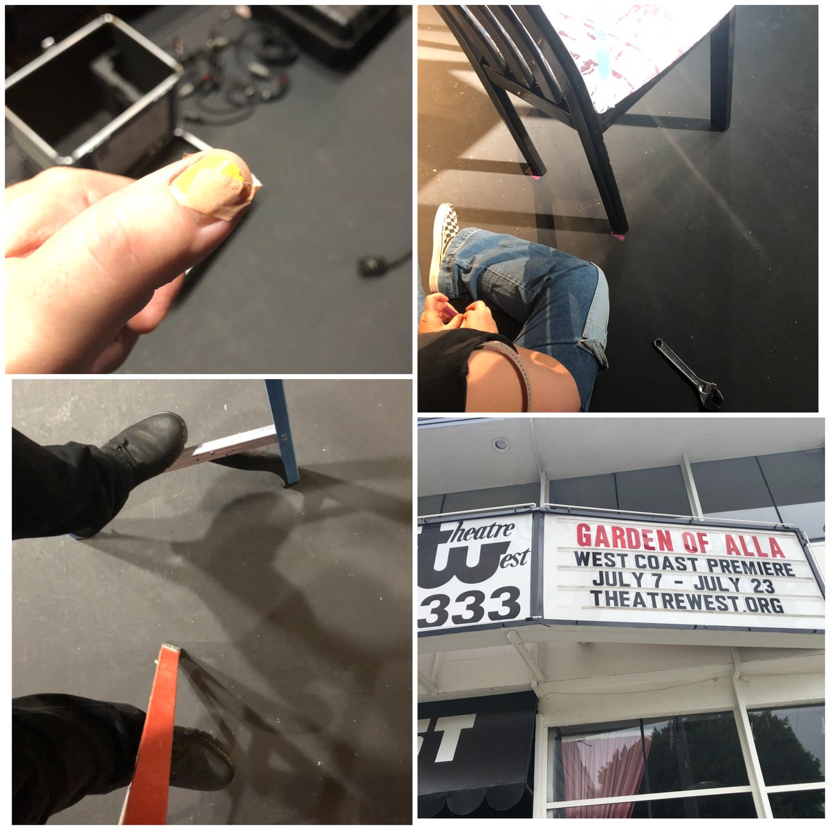 First day of tech for 'Garden of Alla: The Alla Navimova' story at @TheatreWest  and I stabbed myself in the thumb within two minutes, which might be a new record; the first piece of spike tape goes down; footing two ladders at once; our marquee.

(1/2)