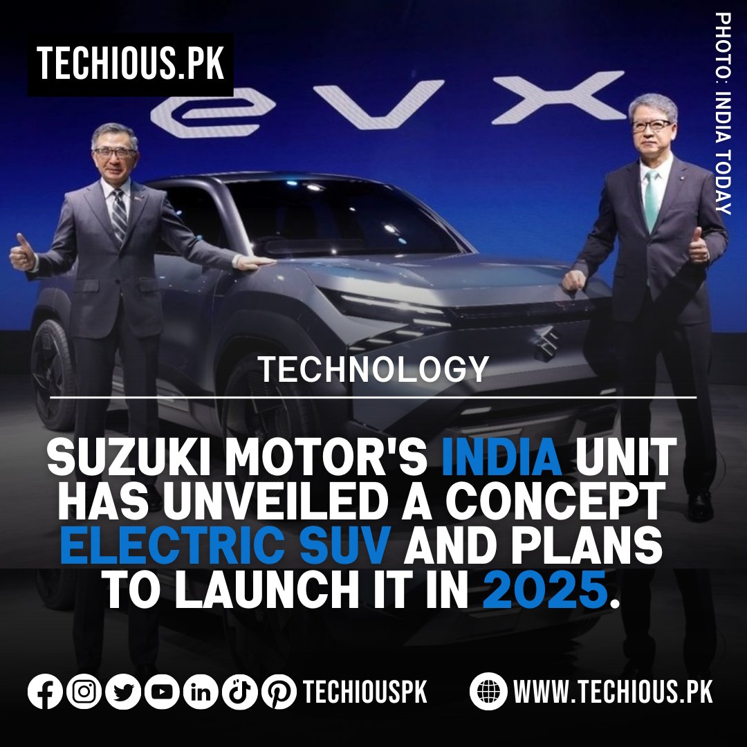 TechiousPk's tweet photo. Suzuki Motor's India unit has unveiled a concept electric SUV and plans to launch it in 2025.
#techiouspk #suzuki #suv #electriccar #India 
Read More: https://t.co/tQtFhai93b
Advertise: ad@techious.pk https://t.co/fGer1LmyLM