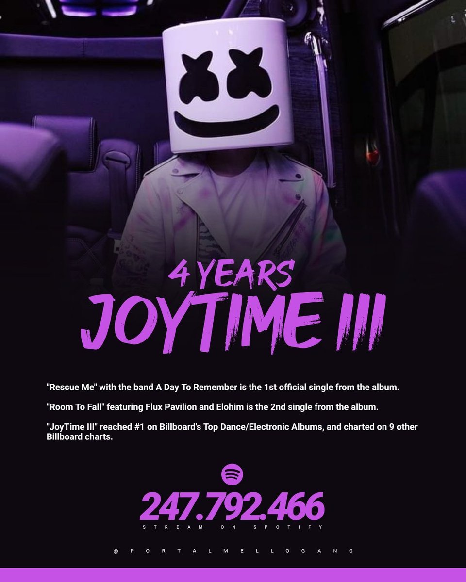 portalmellogang's tweet photo. "JoyTime III" by @Marshmello officially completed 4 years of release, providing us with one of the greatest eras of Mello.

Project with collaborations from @SlushiiMusic, @YULTRON, @WeAreBellecour, @FluxPavilion, @ElohimMusic, @WiwekDJ, @tynanofficial, @Crankdat and @ADTR. https://t.co/AOQDPnfX3T