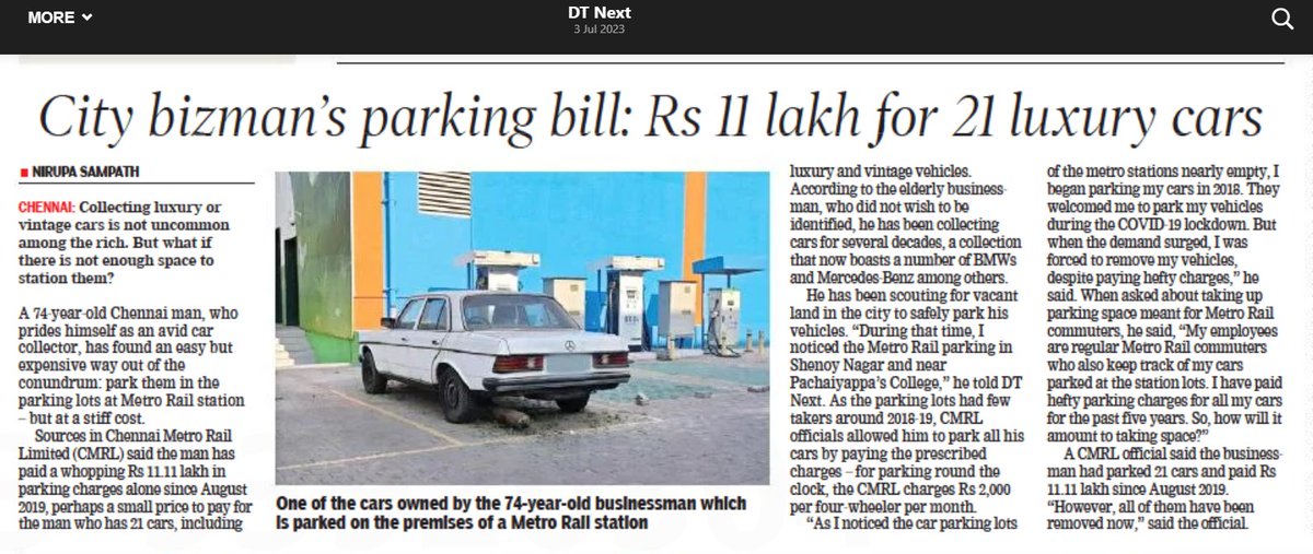 Nirupa Sampath (@nirupasampath) on Twitter photo #Chennai man, 74, pays Rs 11.11 lakh parking bill for his 21 luxury cars. The man for the last 5 years had parked his cars at the parking lots of #ShenoyNagar & #PachaiyappasCollegemetrostations. <a href="/cmrlofficial/">Chennai Metro Rail</a> #Chennai man, 74, pays Rs 11.11 lakh parking bill for his 21 luxury cars. The man for the last 5 years had parked his cars at the parking lots of #ShenoyNagar & #PachaiyappasCollegemetrostations. <a href="/cmrlofficial/">Chennai Metro Rail</a>