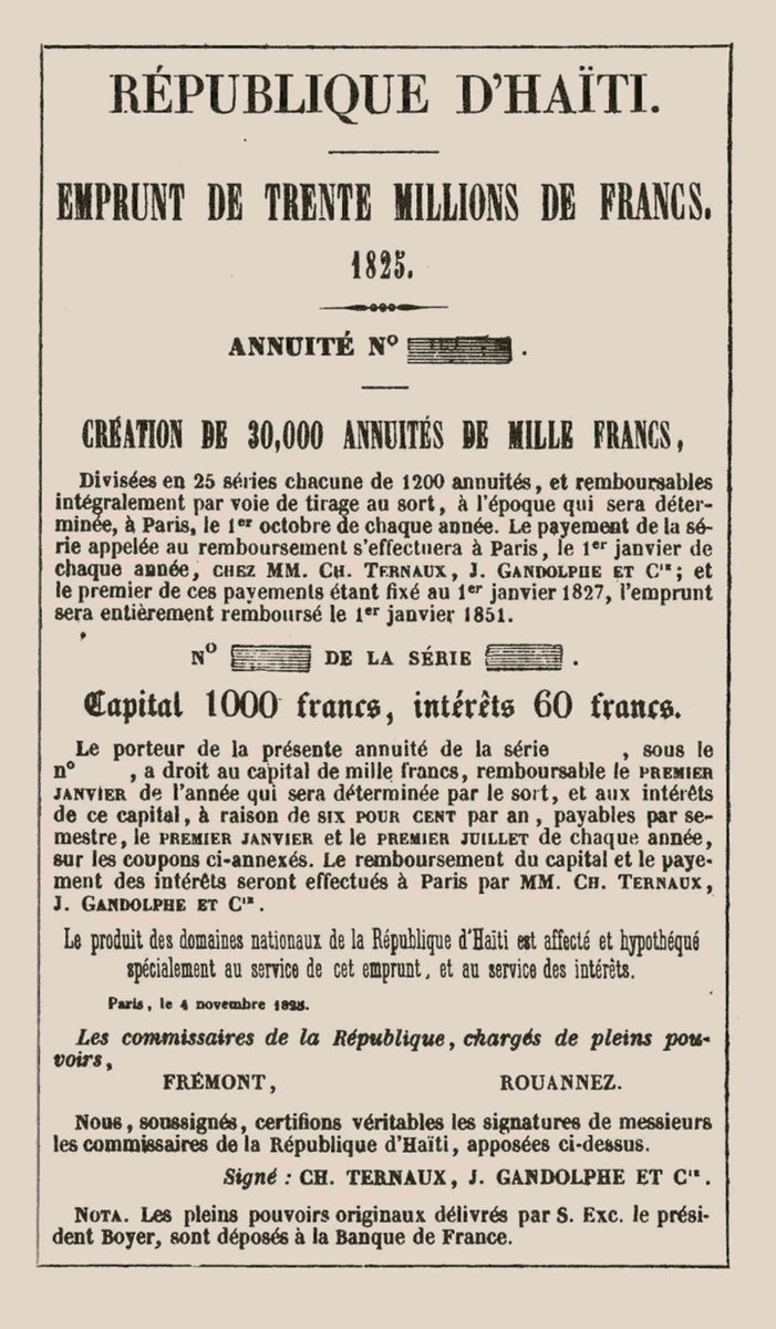 SpiritofLenin's tweet photo. In 1825, 21 yrs after Haiti declared independence, France sent warships to demand 5 annual payments of 30 million Francs in repayment for French “property” including slaves lost during the revolution. The first payment alone was estimated to be about 6X Haiti's revenue that year. https://t.co/WbCWgJavDX