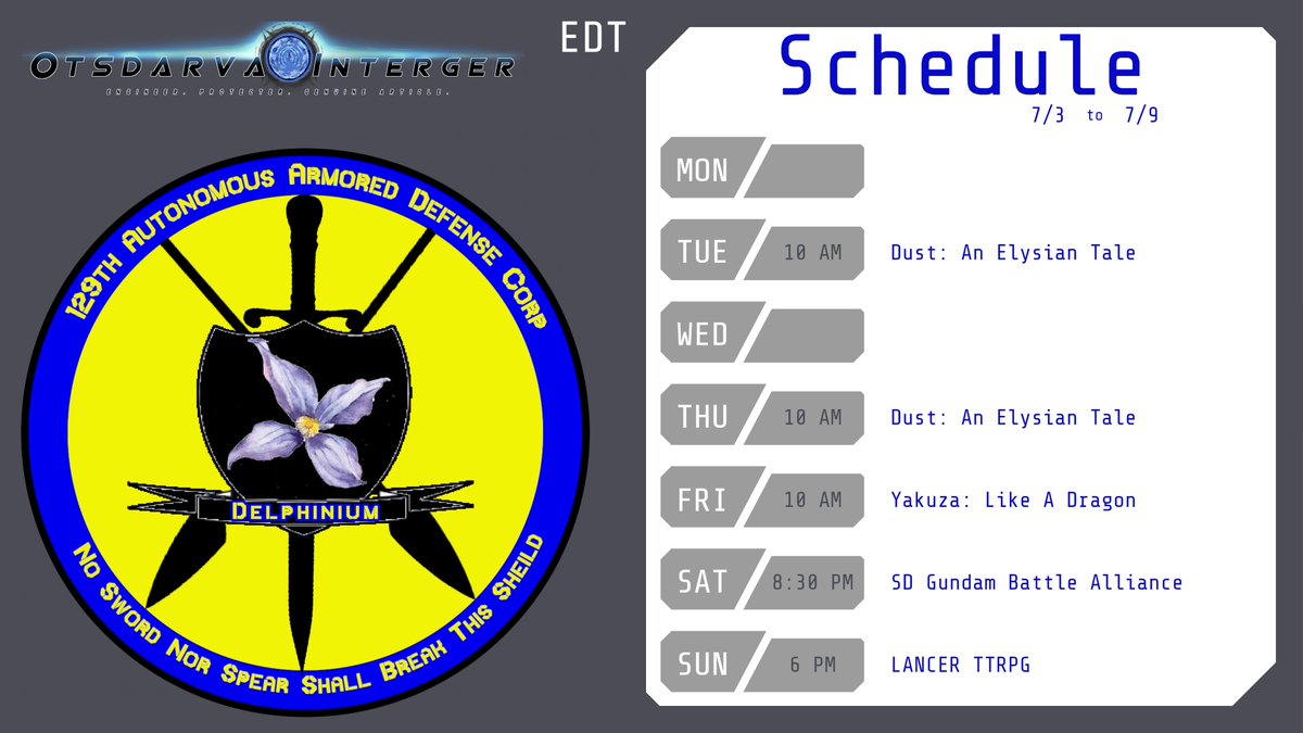 OtsdarvaInteger's tweet photo. Here is this week's schedule! July is now Rotation B (Tues/Thurs). Will be starting a playthrough of Dust: An Elysian Tail (or Furry Muramasa: The Demon Blade). #integerlive https://t.co/EXXzCtlRsV