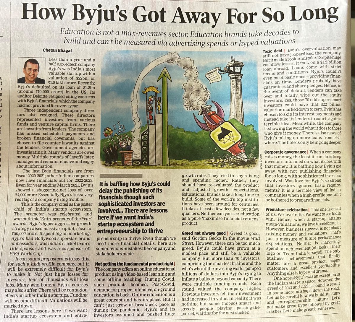 deepakmohapatra's tweet photo. I also agree with @chetan_bhagat that startup culture doesn’t gain through raising money or valuations. It’s also important to provide happy faces to their employees &amp; customers. It applies to any startup, why only @BYJUS https://t.co/om0YgsV5AJ