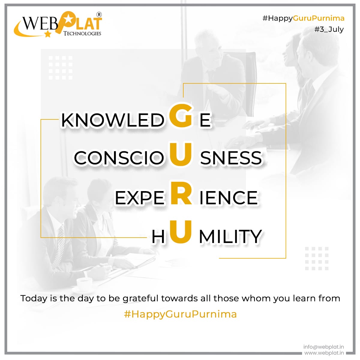 On this joyous occasion of Guru Purnima, Webplat Team sending you our warmest wishes and pray for your continued growth, wisdom, and success. May you always have a guru to light your way and may their blessings be with you in all your endeavors.
Happy Guru Purnima!
#gurupurnima
