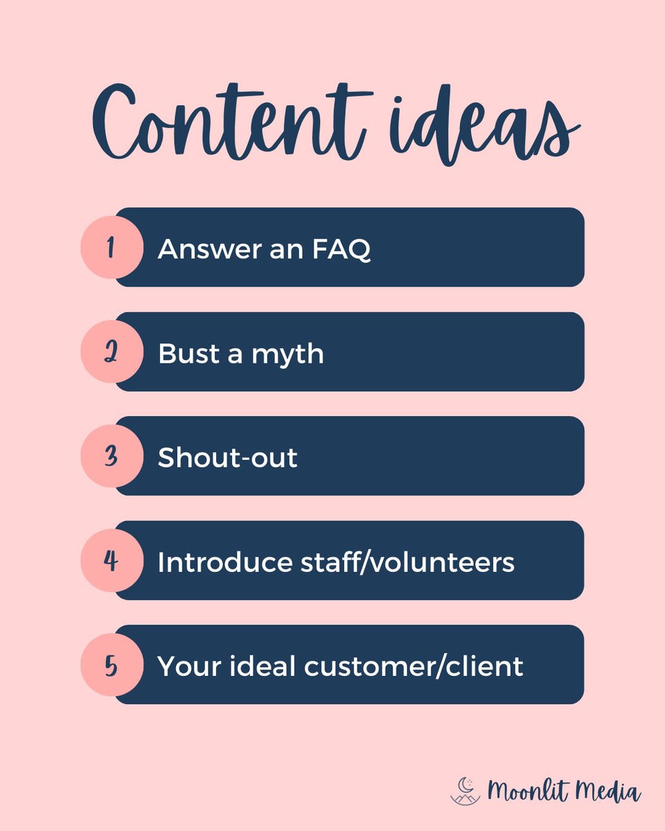 moonlitsocials's tweet photo. Five ideas that will work for EVERY brand:
✨ Answer an FAQ
✨ Bust a myth that's popular in your industry
✨ Shout-out to other businesses/orgs that support, fund, or collaborate with you
✨ Introduce your staff/volunteers
✨ Describe your ideal customer or client
#ContentIdeas https://t.co/Uct9AbVC99