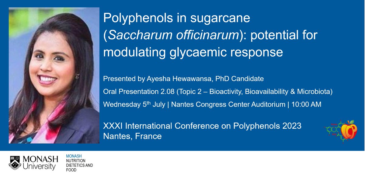 The XXXI International Conference on Polyphenols kicks off in Nantes, France today!

Join <a href="/AyeshaHewawansa/">Ayesha Hewawansa</a> on Wed July 5 at 10:00 for her talk on 'Polyphenols in sugarcane: potential for modulating glycaemic response' (O.2.08)

#icp2023nantes #groupepolyphenols #polyphenols