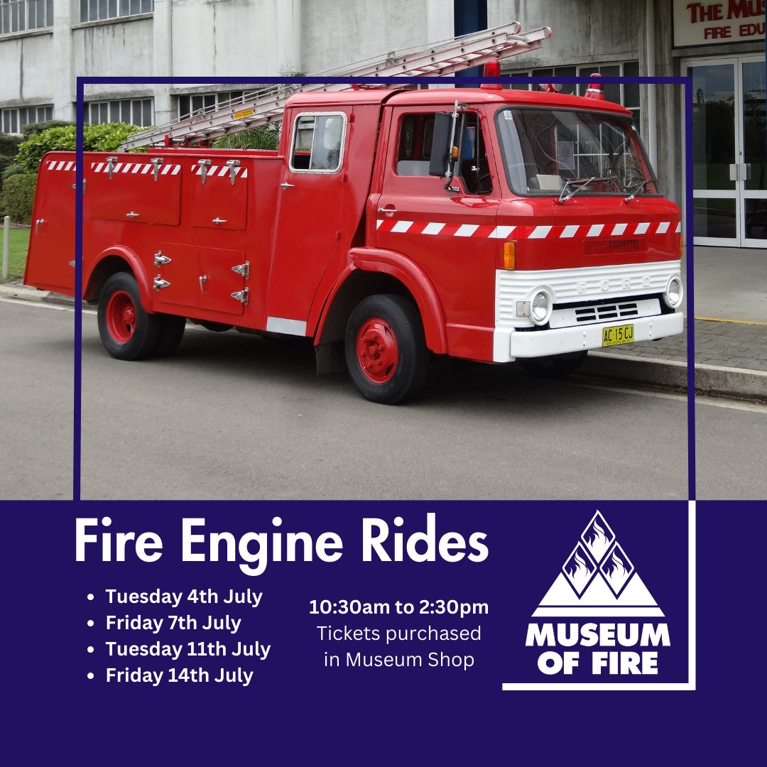MoF_Sydney's tweet photo. Come to the Museum of Fire where we have our fire engine rides running these school holidays on:

🚒 Tuesday 4 July 10:30am to 2:30pm

🚒 Friday 7 July 10:30am to 2:30pm 

🚒 Tuesday 11 July 10:30am to 2:30pm

🚒 Friday 14 July 10:30am to 2:30pm 

#VisitPenrith #VisitSydney https://t.co/KsNIHTW1EC