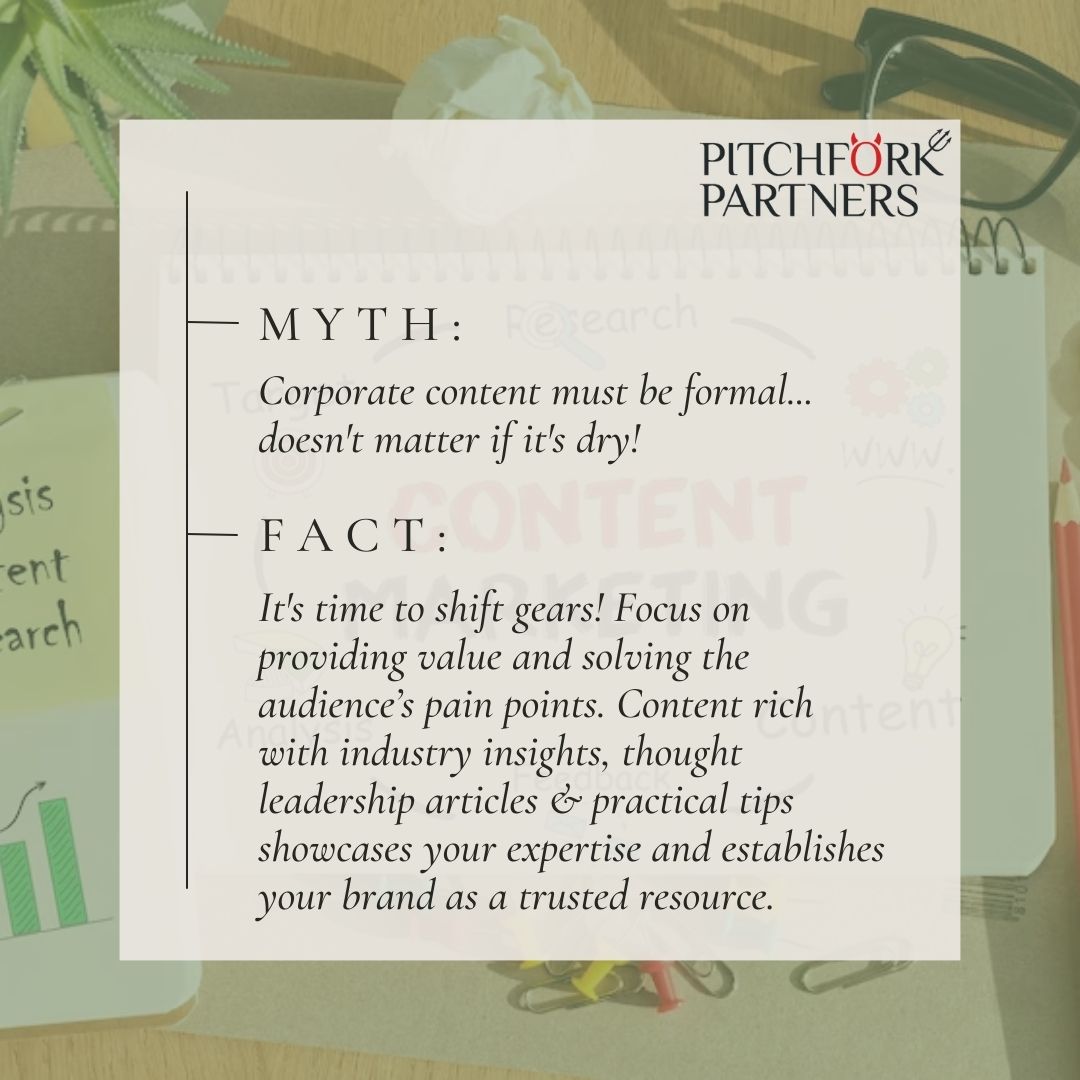 PitchforkLLP's tweet photo. First in the series, here’s your Monday morning dose of #MythBusters on corporate content.
#ContentFacts #CorporateContent #QualityContent #PRPros https://t.co/LuPbqmkLsj