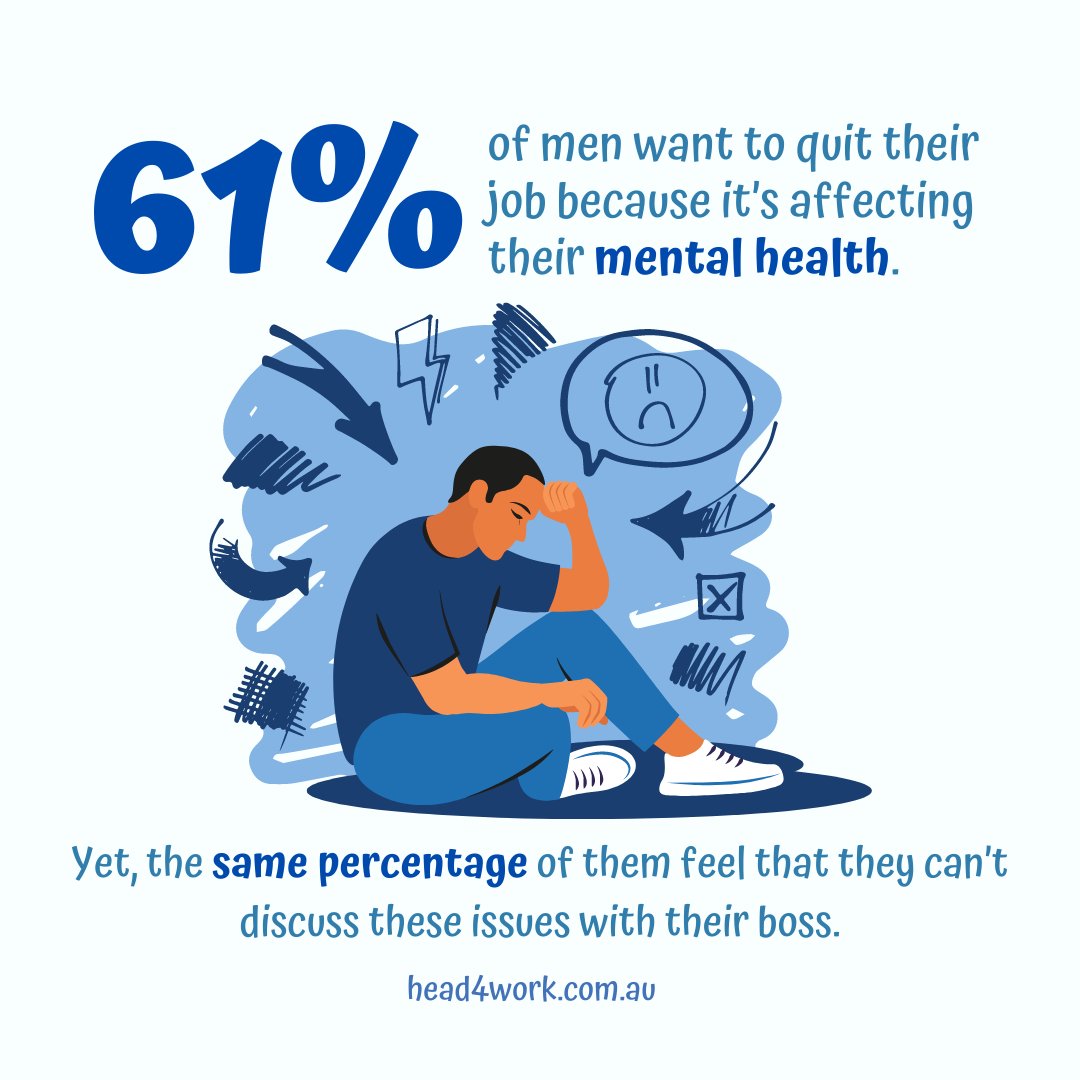 Head4Work's tweet photo. 🚨Attention! Startling stats alert!

61% of men want to quit their jobs due to mental health struggles. But guess what? The same percentage feels they can't talk to their bosses about it. 

Let's change the narrative and empower men to speak up about their struggles. https://t.co/eunsErV0sq