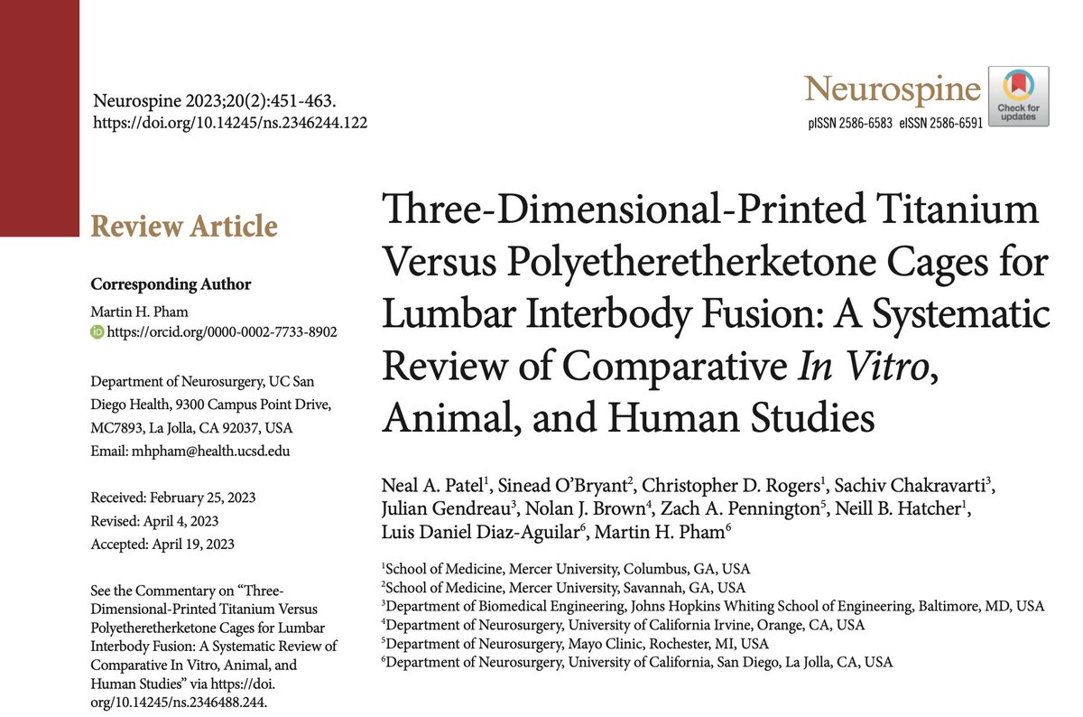 JulianGendreau's tweet photo. Happy to share our recent literature review in @NeurospineJ suggesting that 3-dimensional printed porous titanium (3D-pTi) interbodies may have superior lumbar fusion outcomes when compared to PEEK cages without increasing subsidence or re-op

Link: https://t.co/SqYutd9Vxd https://t.co/xEX4Pa5Tx8