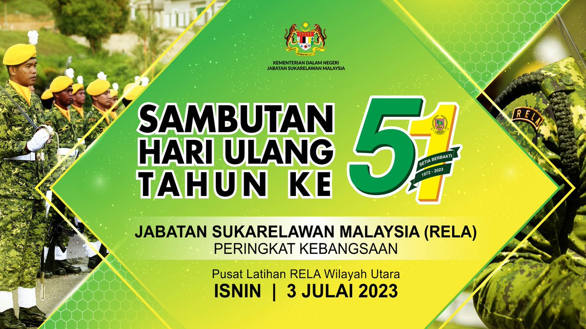 Selamat Menyambut Hari Ulang Tahun Jabatan Sukarelawan Malaysia (RELA) yang ke 51 Tahun

"DARI RAKYAT, BERSAMA RAKYAT, UNTUK RAKYAT"

#setiaberbakti  
<a href="/KDNPUTRAJAYA/">KDN🇲🇾</a> <a href="/relamalaysia/">RELA Malaysia</a> <a href="/yahyakgc/">Yahya Sulaiman</a> <a href="/RELA_Johor/">RELA Negeri Johor</a> <a href="/normanosak/">LongMan81</a> 
© UMR | NEZ