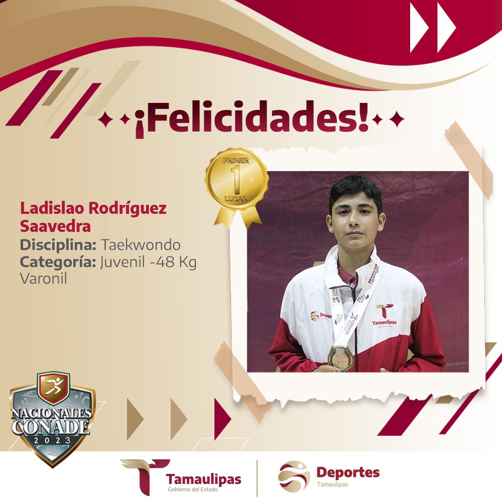 ¡Oro para #Tamaulipas! 

El atleta Ladislao Rodríguez Saavedra de la disciplina de taekwondo, obtuvo la medalla de oro en la Categoría Juvenil -48 Kg, al vencer a su contrincante del estado de #NuevoLeón en los #NacionalesCONADE2023. 

¡Muchas felicidades!