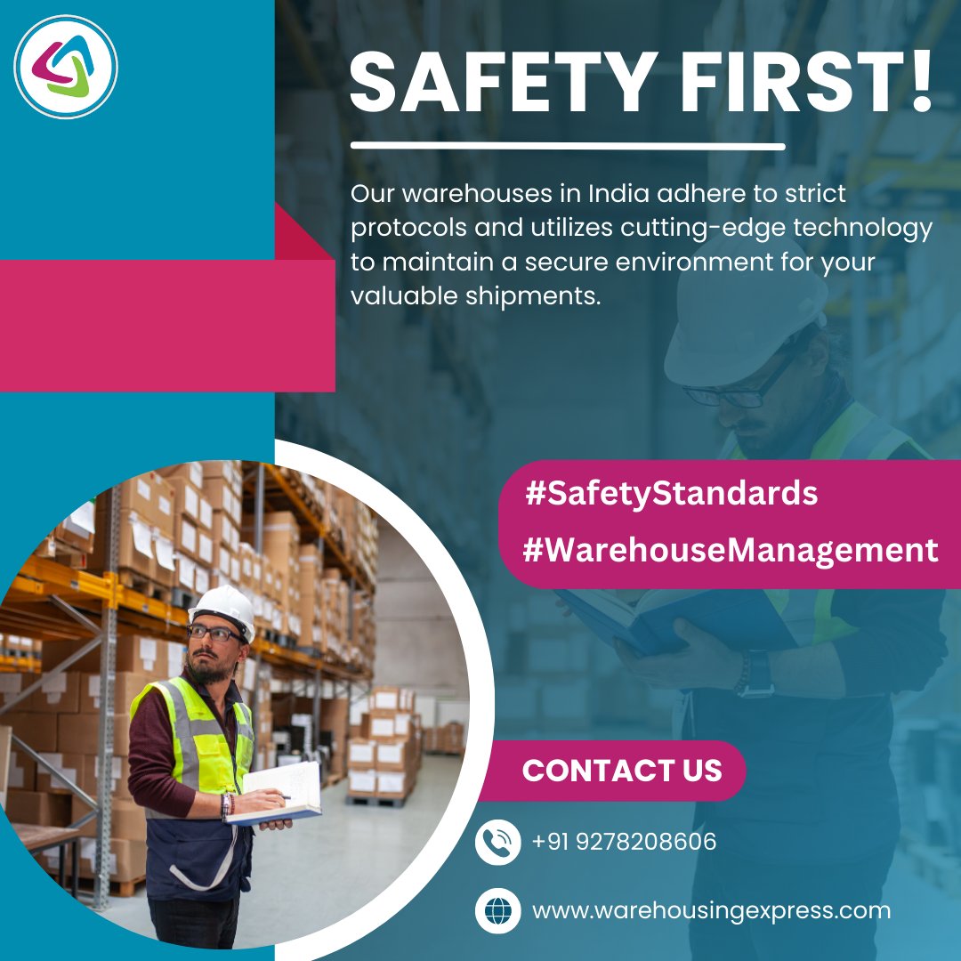 Safety first! Our warehouses in India adhere to strict protocols and utilize cutting-edge technology to maintain a secure environment for your valuable shipments.
 #SafetyFirst #WarehouseSafety  #ValuableShipments #LogisticsSafety #WarehouseManagement #SecureWarehousing #Storage