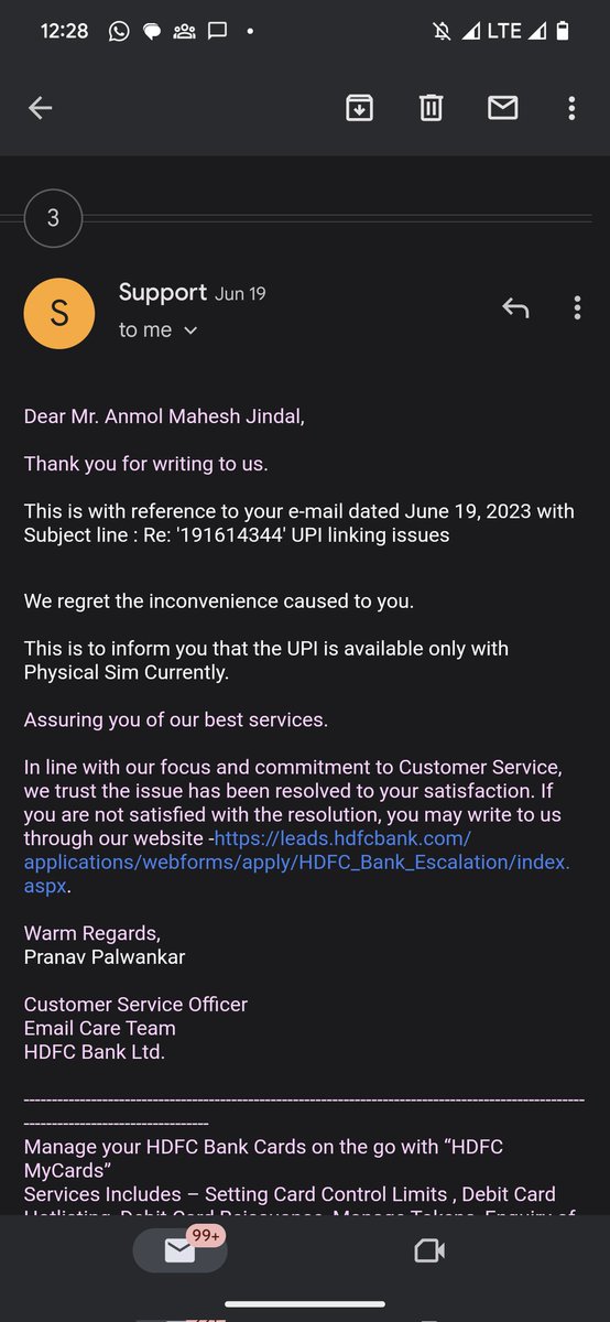 kingg2698's tweet photo. @HDFC_Bank @HDFCBank_Cares @hdfc

Im frustrated with the customer care services you have. All the reps have informed that UPI will not link to an Esim but I've seen so many cases where it's working fine. I am unable to use my UPI in any of the popular apps.
Attaching SS of mails https://t.co/YBOY1GVFwJ