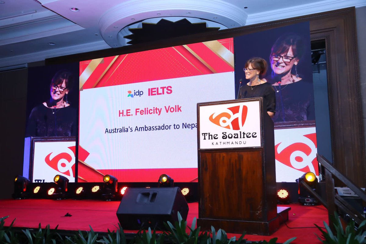 AusAmbNP's tweet photo. Congratulations @IdpNepal @idpieltsnepal and your fantastic IELTS partners for all that you do to support Nepali students taking up study opportunities in 🇦🇺. I was delighted to join your awards night, recognising the great contribution of IELTS consultancies. https://t.co/JPCl1B0Mpz