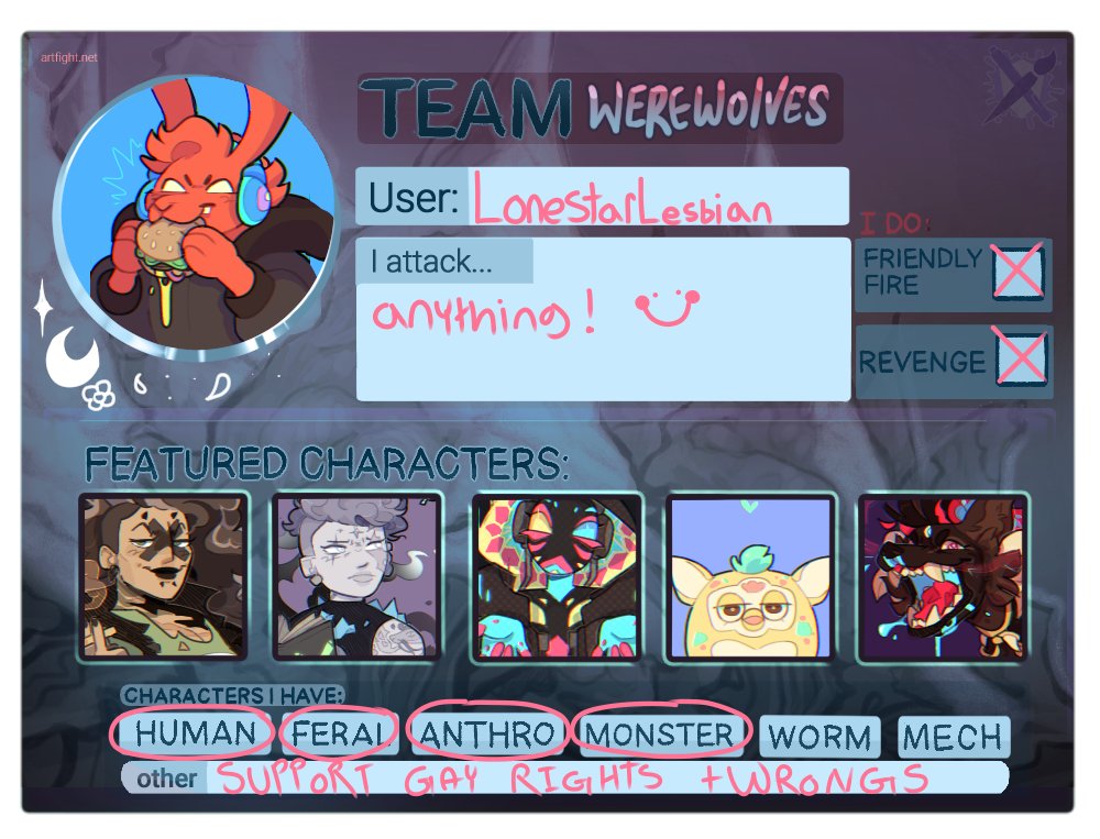 ReeseePiecees's tweet photo. happy #artfight !!
come say hi : ) i'm team werewolf this year, but as always I do friendly fire attacks and revenges!

included my current attacks!
in order characters belong to (on af): laff_lik_a_hyena, cupsiie, and  -GothFairy- https://t.co/pvxDFt5KgZ