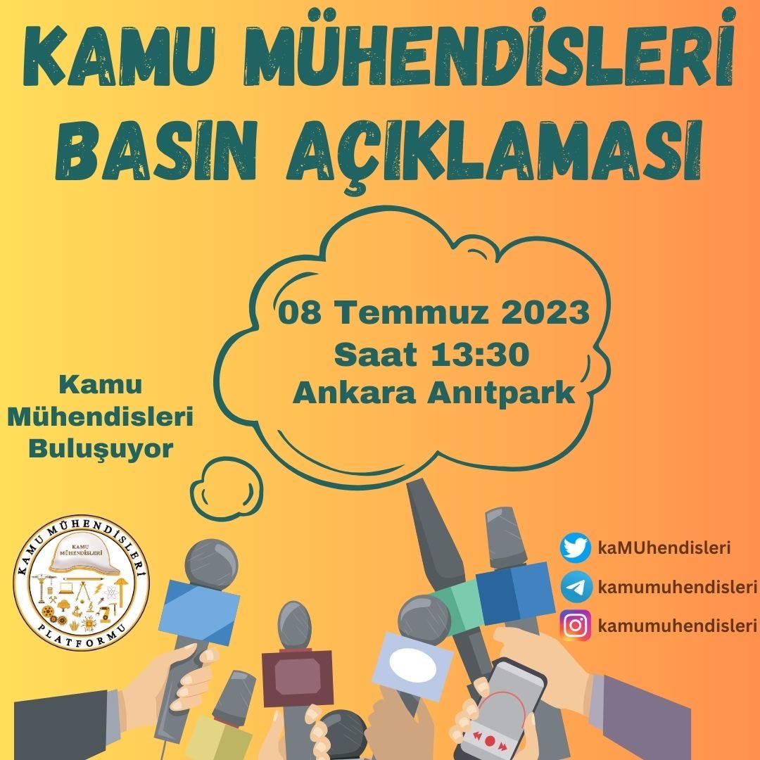 Türkiye'nin 4 Bir Yanından
Kamu Mühendisleri 
8 Temmuz Saat 13:30'daki
Basın Açıklaması İçin 
Ankara Anıtpark'da Buluşuyor.

Siz değerli gazeteci, haberci, medya ve basını aramızda görmekten mutluluk duyarız…
<a href="/kaMUhendisleri/">Kamu Mühendisleri Platformu</a> <a href="/tgrthabertv/">TGRT HABER</a> 
<a href="/trthaber/">TRT HABER</a> <a href="/HaberturkTV/">Habertürk TV</a> <a href="/ihacomtr/">İhlas Haber Ajansı</a>