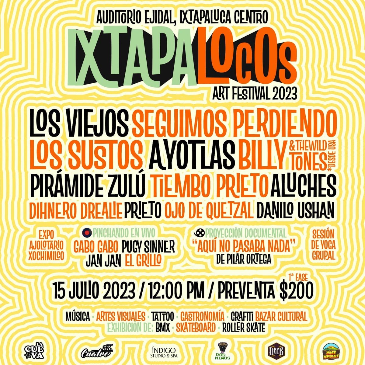 El 15 de Julio próximo no te puedes perder este Festival, con la presentación de Los Viejos, Seguimos Perdiendo <a href="/lossustos/">LOS SUSTOS</a>  Ayotlas, Aluches, Tiembo Prieto, Ojo de Quetzal, Billy and the Wild Tones, entre otros.

+Info 
instagram.com/ixtapalocosart…