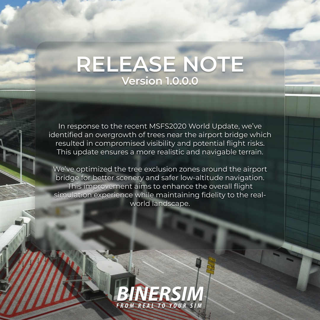 binersim's tweet photo. [Release Note]
v1.0.0.0

In response to the recent MSFS2020 World Update, we’ve identified an overgrowth of trees near the airport bridge which resulted in compromised visibility and potential flight risks. This update ensures a more realistic and navigable terrain. https://t.co/YX3nqmQlZ8