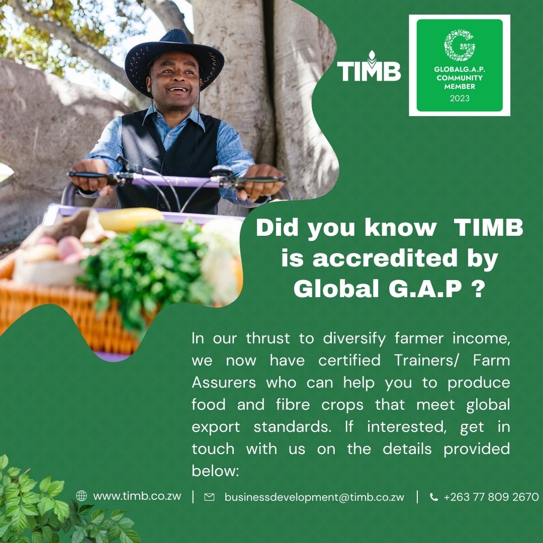 #DidYouKnow @timb_zw now has certified Trainers/ Farm Assurers who can help you diversify your income by producing food and fibre crops that meet global export standards? Get more information and a quote from +263 77 809 2670.