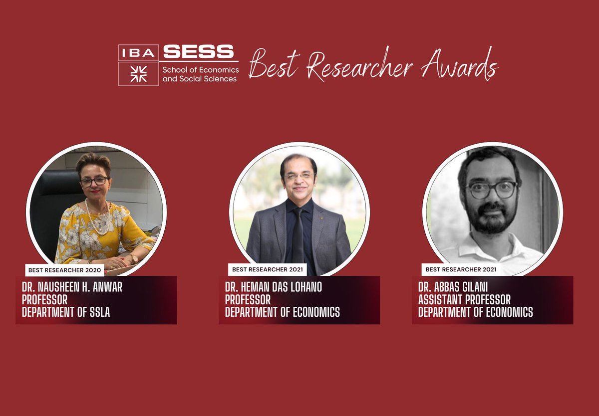 sess_iba's tweet image. Congratulations to Dr. @nha3383, Dr. Heman Das, & Dr. Abbas Gilani on winning the Best Researcher Award! Their contribution to the literature of #developmenteconomics and #climatechange is exceptional.
#facultyachievement @ibakarachi