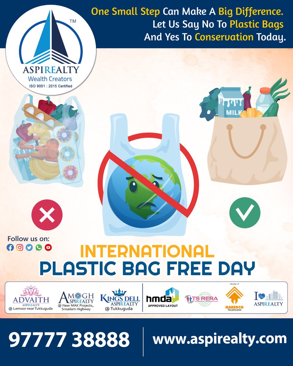 aspirealty's tweet photo. One Small Step Can Make A Big Difference. Let Us Say No To Plastic Bags And Yes To Conservation Today.
For Details
https://t.co/WGdwlR7aET, info@aspirealty.com
Call: 9777738888
.
#Aspirealty #WealthCreators #HMDA #Advaith #Amogh #Kingsdell #PharmaCity #MAKProjects #Tukkuguda https://t.co/ZW8oSK0Izz