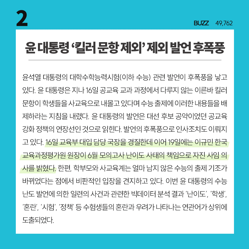 [2023 6월 3주] 빅데이터로 보는 주간이슈 TOP10         
타파크로스가 분석한 주간이슈 TOP10입니다           
3위부터 10위까지의 내용은 홈페이지에서 확인할 수 있습니다🖊️
tapacross.co.kr 
#주간이슈TOP10 #타파크로스 #빅데이터 #킬러문항 #타이타닉잠수정 #부산엑스포 #브루노마스