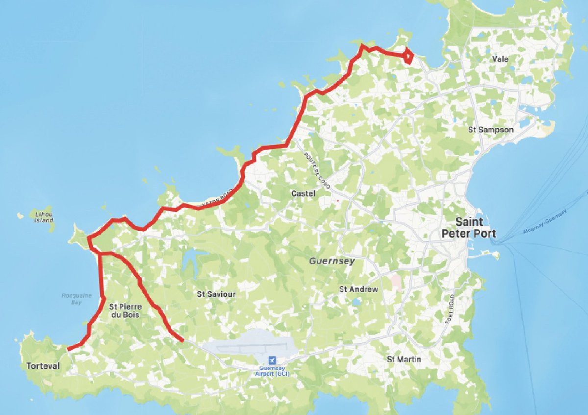 In one week's time, on Monday 10 July, the cycling time trial will be held along the west coast. The roads shown in red will be closed from 9am till 1pm.

Best viewing points - L'Eree, Rocquaine, Vazon, Cobo, Grandes Rocque, Portinfer, the Houmet, the Longfrie