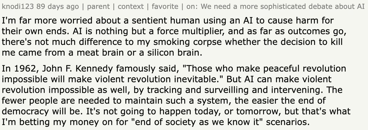jeremyphoward's tweet photo. The most powerful and compelling writing I've seen on AI safety was a random HN comment from some anon poster.

knodi123, whoever you are, thank you... https://t.co/zVi9D1zLma