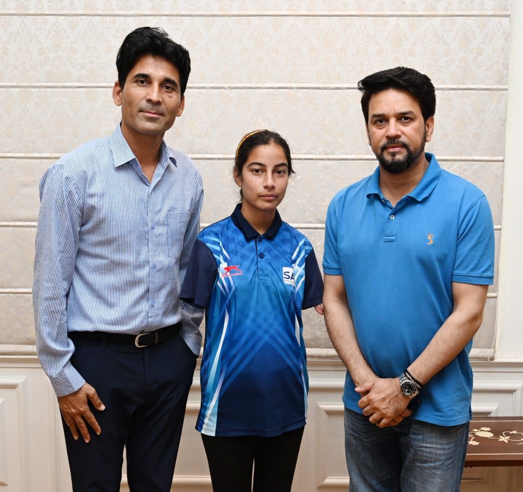 thebeingyou's tweet photo. A Proud Moment! Sheetal Devi, Worlds First Armless Archer representing #India in ParaAsianGames23 met with Hon’ble Min for Youth Affairs & Sports @ianuragthakur ji.

 @ianuragthakur  sir, it was an honour to meet & share our journey. Your support & encouragement reiterates our belief in the #PowerofStories

Sir, Sheetal's journey is a testament of the potential of immense talent that lies in rural India. Her journey in a powerful 4 min film... We hope it goes on to inspire many more stories:)  
@VedwanKuldeep