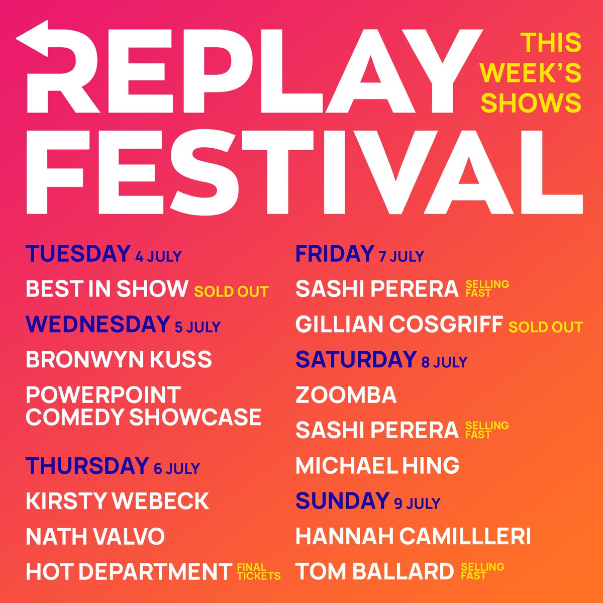 Replay Festival starts this week! Featuring @nathvalvo @KirstyWebeck @hingers @TomCBallard @BronwynKuss @hotdepartment and heaps more 🤩 Check the full program and book tickets now at comedyrepublic.com.au