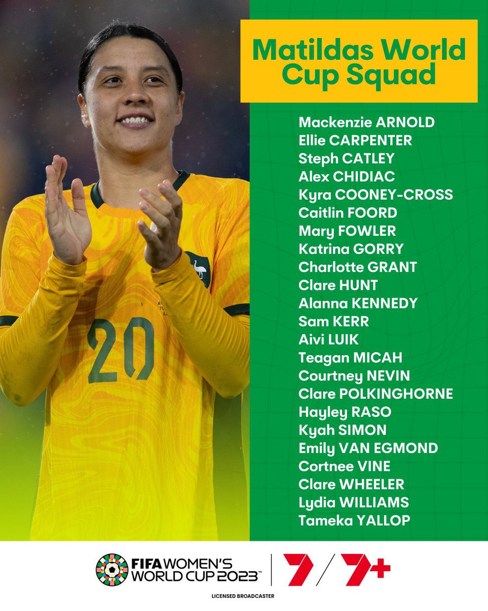 Outstanding <a href="/TheMatildas/">CommBank Matildas</a> squad for the #FIFAWWC2023 great to see <a href="/KyahSimon/">Kyah Simon</a> back after all she’s been through buzzing about the prospects of 80-thousand at Stadium Aust can’t wait to be part of <a href="/7Sport/">7Sport</a> sport team calling with <a href="/gracegill9/">Grace Gill</a> 😊