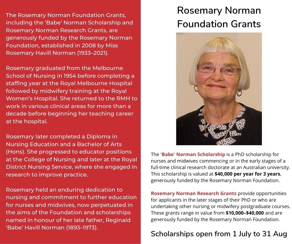 The Australian Nurses Memorial Centre is pleased to announce that applications for 2024 Rosemary Norman Foundation Grants, comprising the ‘Babe’ Norman Scholarship and Rosemary Norman Research Grants, are now open.

To apply, and for more information, please refer to our website.
